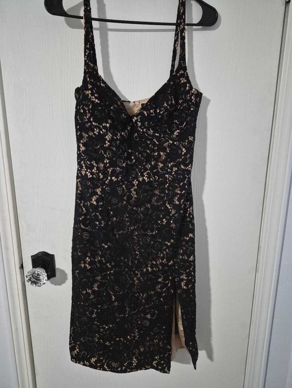 Bardot Black Lace Mini Dress with Nude Lining